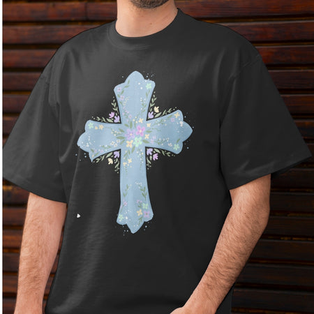 Pastel Floral Cross PNG | Men's Dark Charcoal T-Shirt Sublimation Graphic