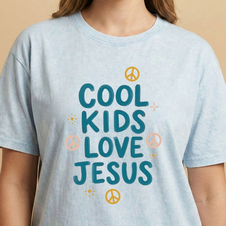 Vintage Cool Kids Love Jesus PNG | Light Blue Acid Wash Tee Sublimation