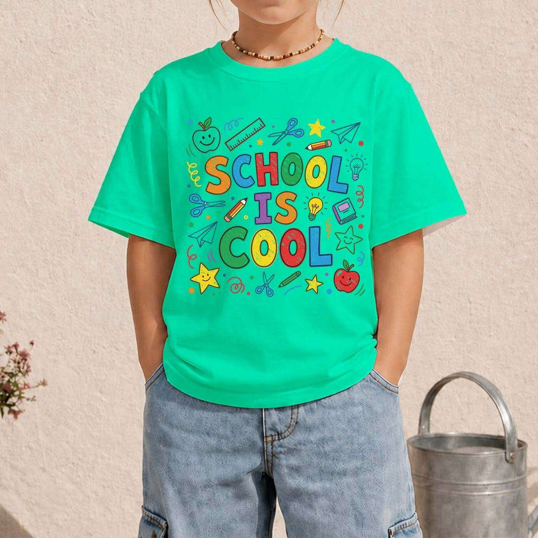 Person wearing a green t-shirt with 'School is Cool' text and school-themed graphics on a beige background.