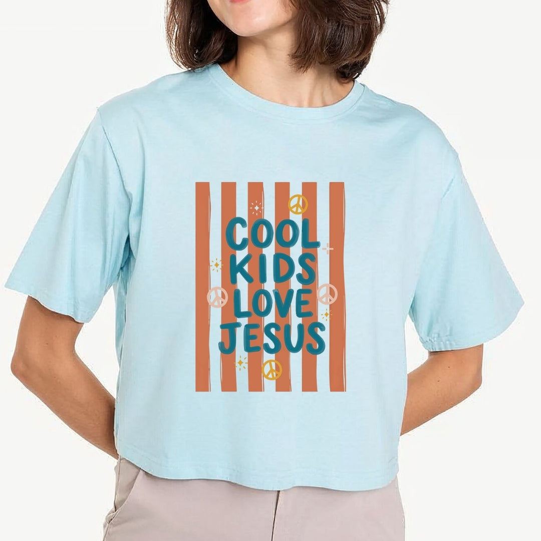 Cute Cool Kids Love Jesus PNG | Light Blue Striped Crop Top Sublimation
