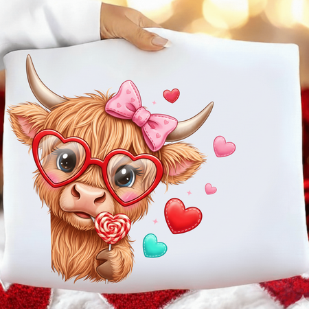 Cushion with a cartoon cow wearing heart-shaped glasses and a pink bow, surrounded by hearts on a white background.