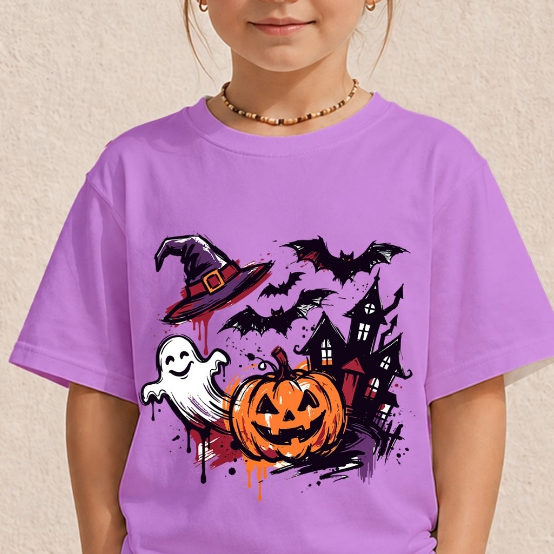 A child wearing a purple short-sleeve t-shirt with a Halloween graphic print featuring a jack-o'-lantern, ghost, witch hat, bats, and a haunted house.