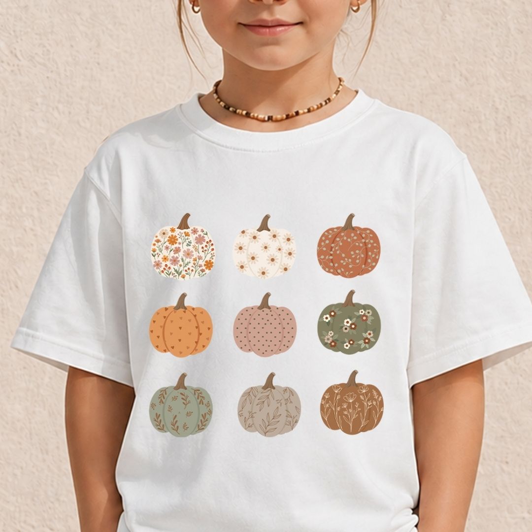 A child wearing a white short-sleeve T-shirt with a graphic of nine patterned pumpkins in autumn colors, set against a textured beige wall.