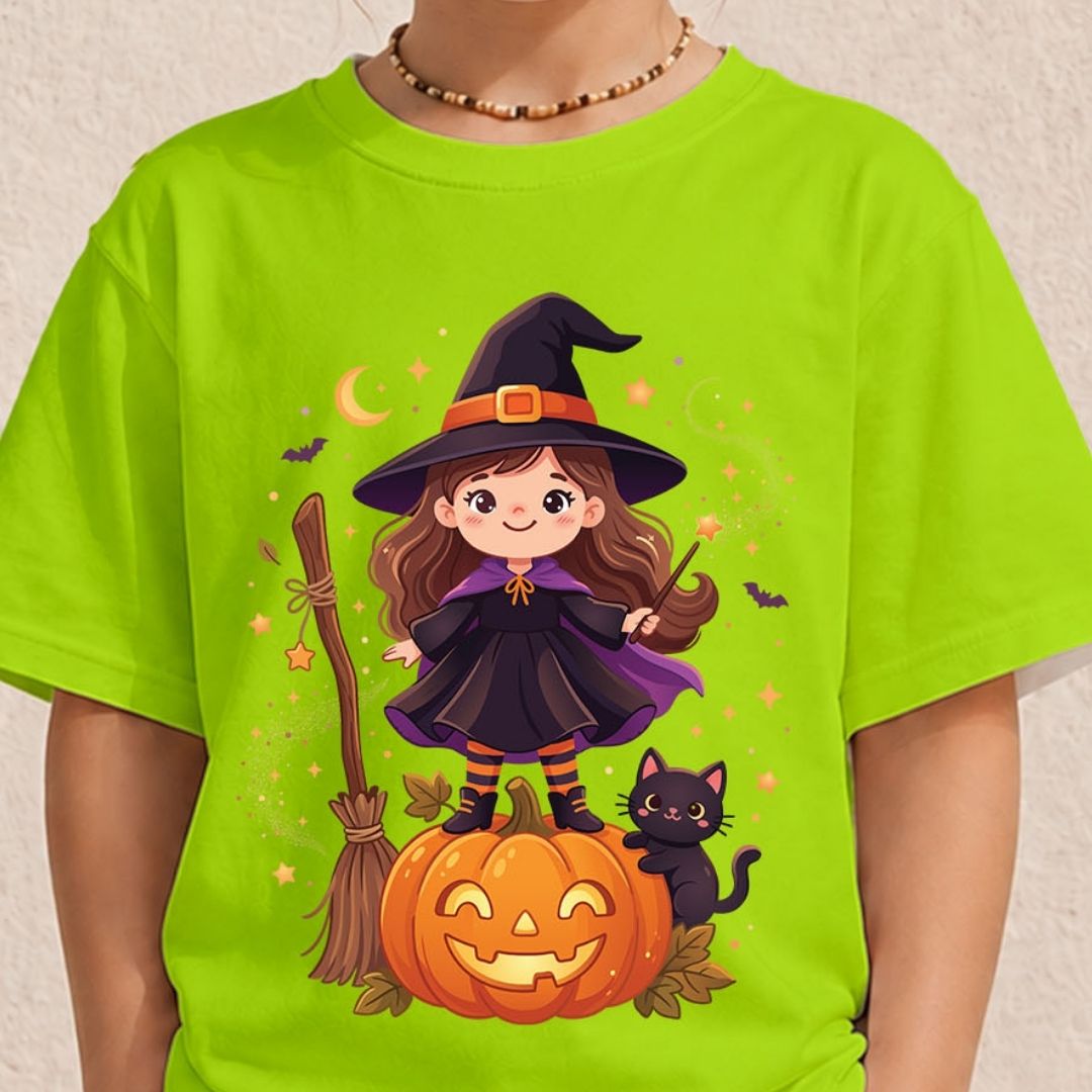Close-up of a child wearing a bright lime green crewneck t-shirt printed with an adorable little witch character graphic for youth Halloween apparel.