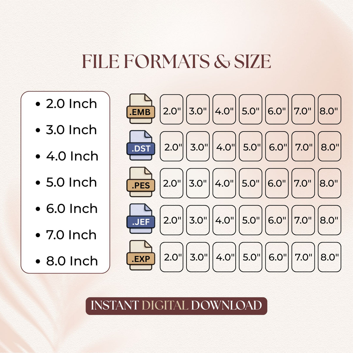 A size and file format chart for a digital design product, showing dimensions from 2.0 inches to 8.