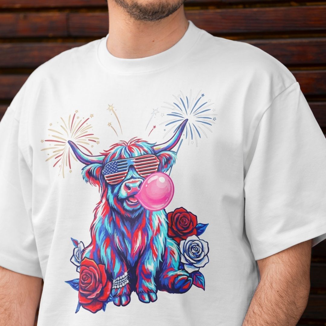 Funny Patriotic Highland Cow Shirt Design, Independence Day Digital Download, Unisex 4th of July PNG