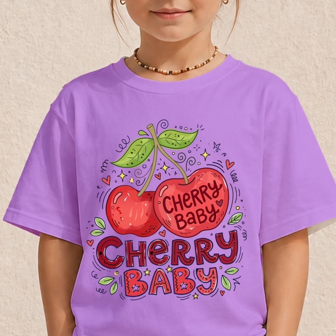 A child wearing a lavender purple t-shirt with a colorful cartoon cherry graphic that reads 'Cherry Baby' in red and green lettering, set against a light beige textured wall.
