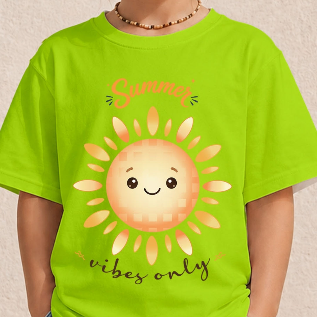 A close-up of a person wearing a bright lime-green t-shirt featuring a happy cartoon sun graphic and the text "Summer vibes only".