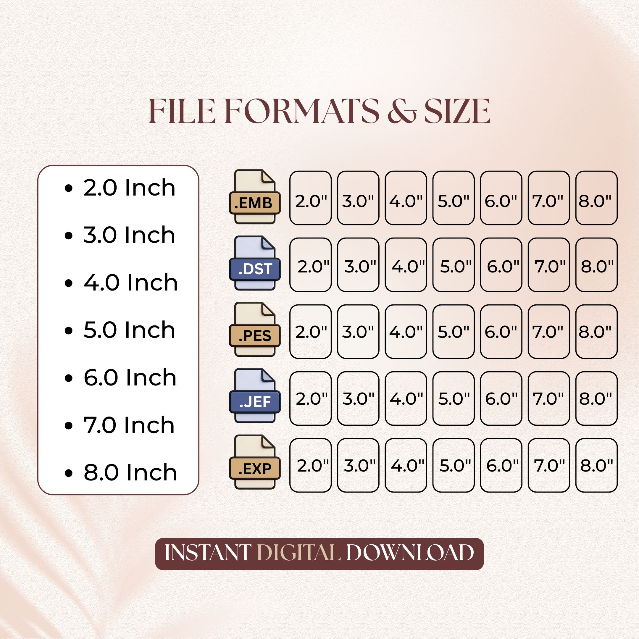 A size and file format chart for a digital design product, showing dimensions from 2.0 inches to 8.