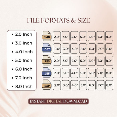 A size chart graphic titled 'FILE FORMATS & SIZE' showing file formats (.EMB, .