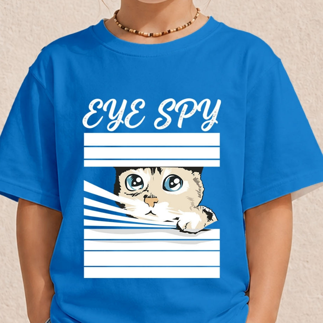 Close-up of a youth or child wearing a bright blue t-shirt printed with a white "EYE SPY" window blinds peeking cat illustration.