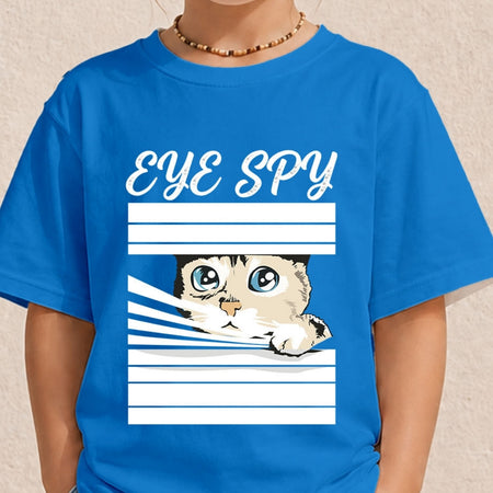 Close-up of a youth or child wearing a bright blue t-shirt printed with a white "EYE SPY" window blinds peeking cat illustration.
