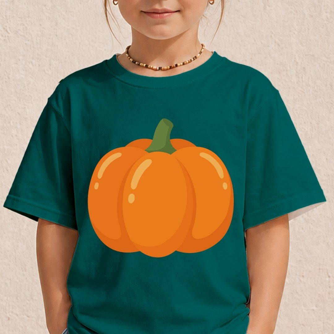 A child wearing a dark teal green t-shirt with a large orange pumpkin graphic on the front, set against a textured beige wall.