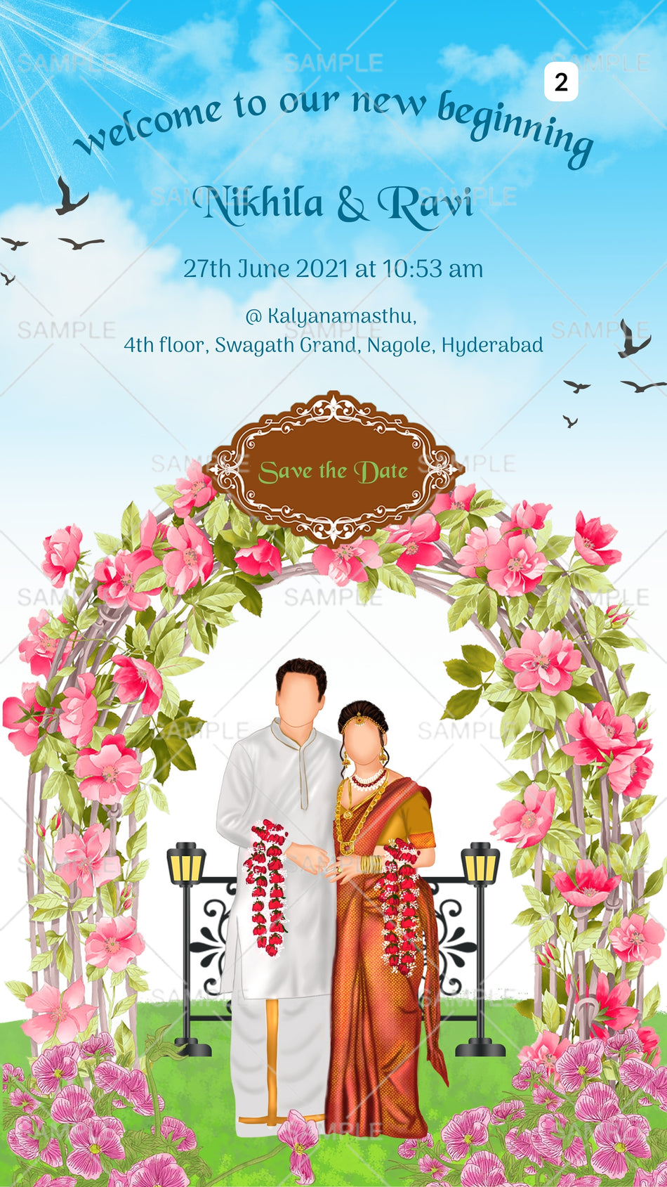 Save the Date invitation card Canva Editable Template in English language with leaves, flowers, birds as Garden theme design 2