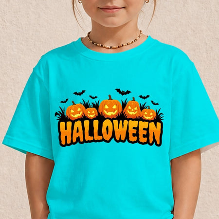Child wearing a bright turquoise t-shirt with a spooky jack-o'-lantern pumpkin patch and "HALLOWEEN" sublimation graphic.