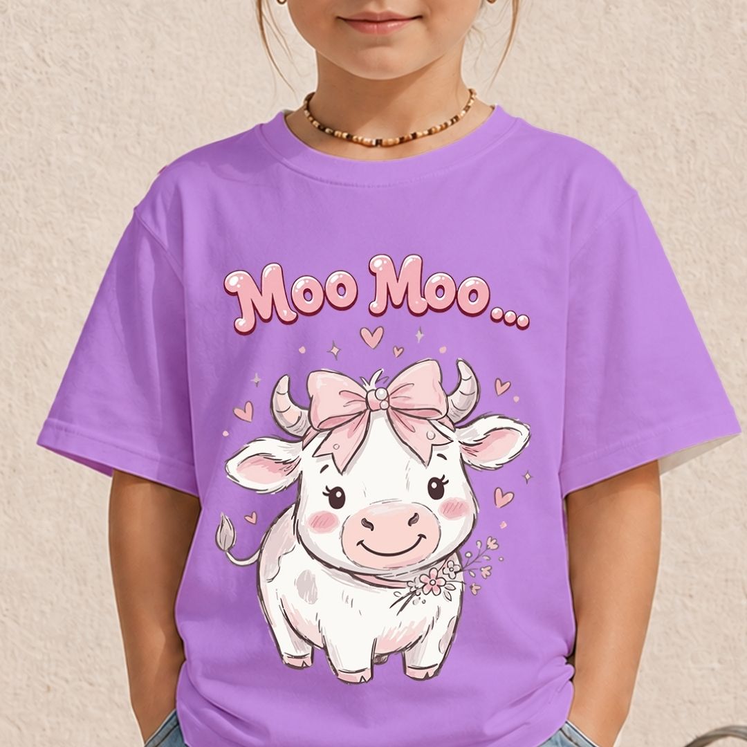 Cute Kids Moo Moo Cow Shirt, Pastel Purple Mockup Tee, Whimsical Calf and Bow Youth Shirt, Family Matching Graphic T-Shirt