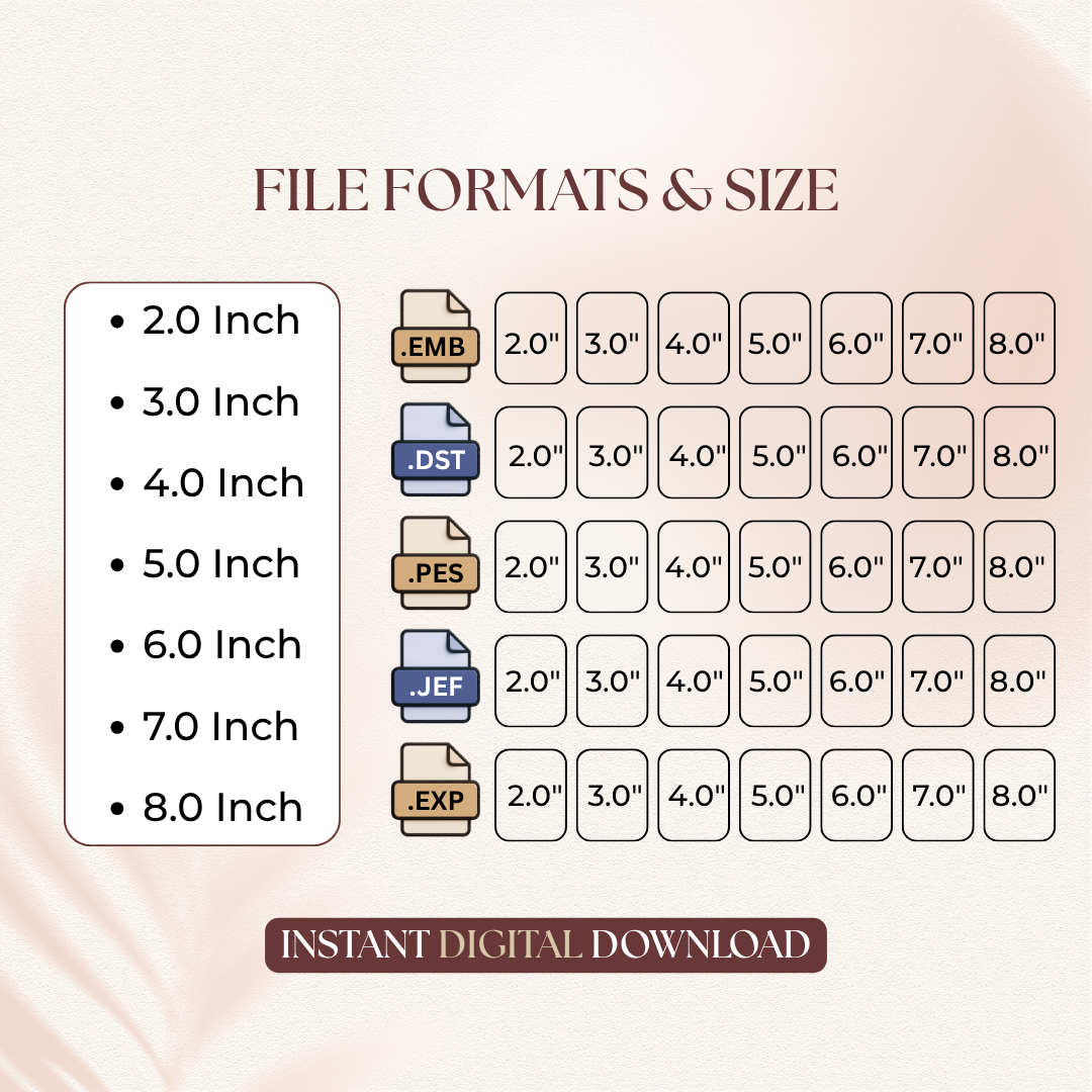 File formats and sizing chart for digital Halloween teeth machine embroidery downloads, showing sizes from 2.0 to 8.0 inches across EMB, DST, PES, JEF, and EXP formats   