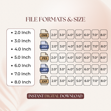 File formats and sizing chart for digital Halloween teeth machine embroidery downloads, showing sizes from 2.0 to 8.0 inches across EMB, DST, PES, JEF, and EXP formats   