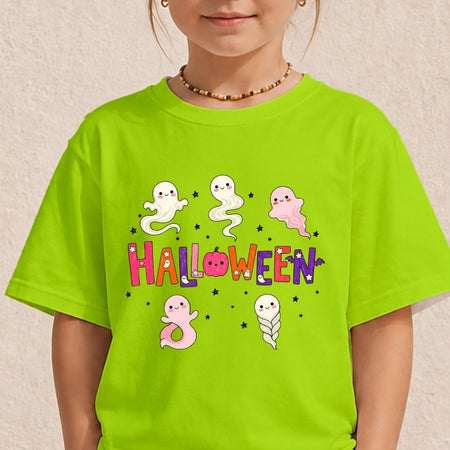 A child wearing a bright lime green t-shirt with a colorful 'HALLOWEEN' graphic featuring cute cartoon ghosts and stars, set against a textured beige wall.