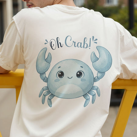 A person seen from the back wearing a white t-shirt featuring a blue cartoon crab graphic and the text "Oh Crab!"