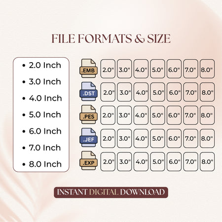 A size and file format chart for a digital design product, showing dimensions from 2.0 inches to 8.