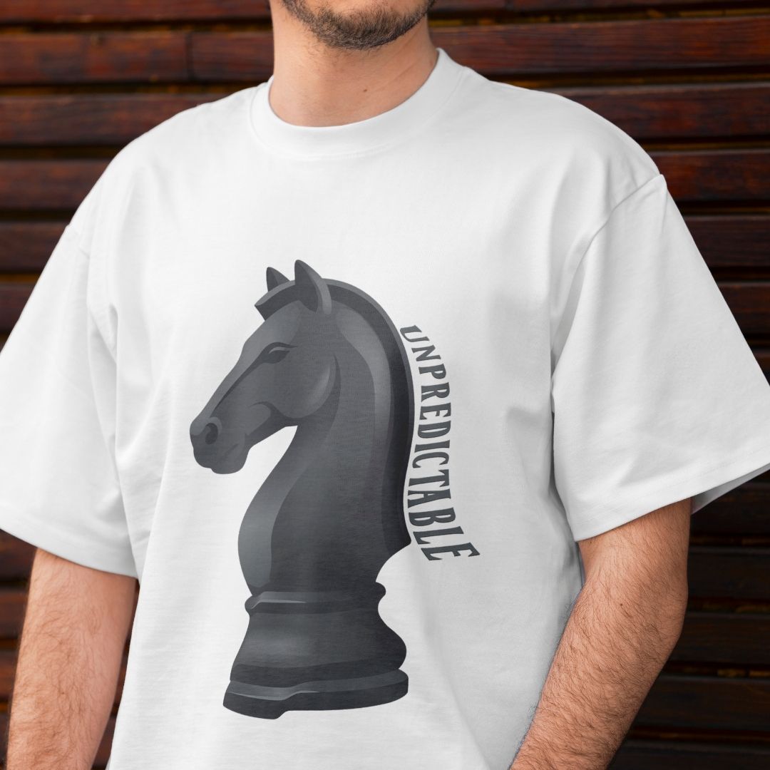 Unpredictable Chess Knight Back Print Shirt, Minimalist White Graphic Tee, Chess Knight Piece Design, Strategy Quote Men's Tshirt, Chess Player Gift Idea