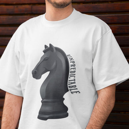 Unpredictable Chess Knight Back Print Shirt, Minimalist White Graphic Tee, Chess Knight Piece Design, Strategy Quote Men's Tshirt, Chess Player Gift Idea