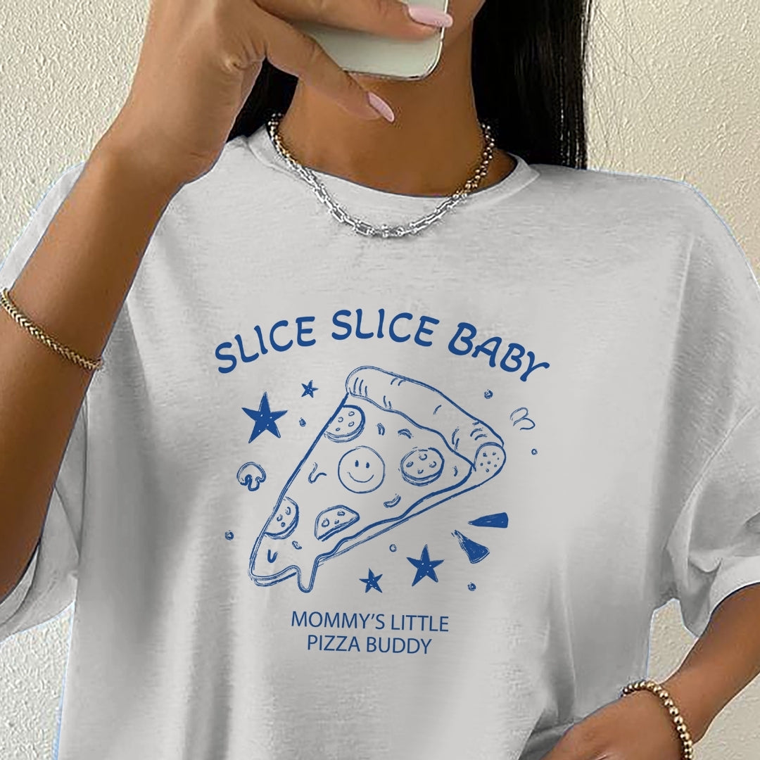 Person wearing a white t-shirt with blue pizza-themed graphics and text.