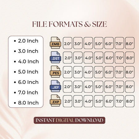 An informational graphic displaying available file formats (.EMB, .DST, .PES, .JEF, .EXP) and size options ranging from 2.0 inches to 8.0 inches.