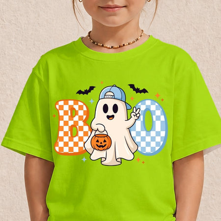 Child wearing a lime green t-shirt showcasing a playful Halloween ghost graphic with checkered "BOO" lettering.