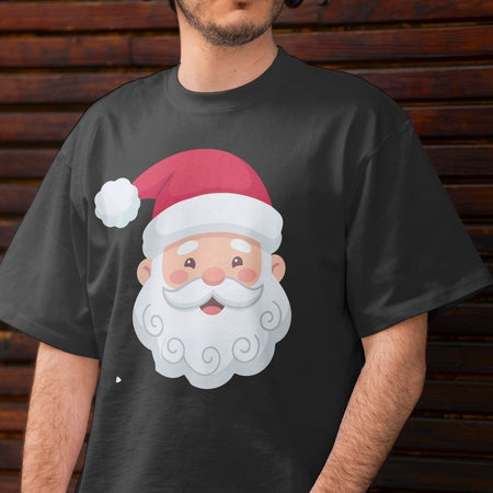 A man wearing a dark charcoal gray t-shirt with a cartoon graphic of Santa Claus's face on the front, set against a dark brown wooden slat background.
