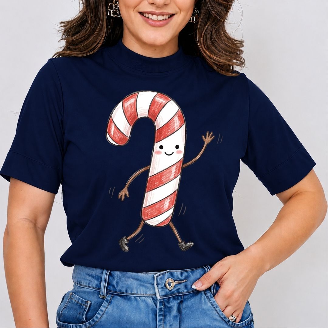 A woman wearing a navy blue short-sleeve t-shirt with a cartoon candy cane graphic on the front, paired with blue jeans, against a light gray background.