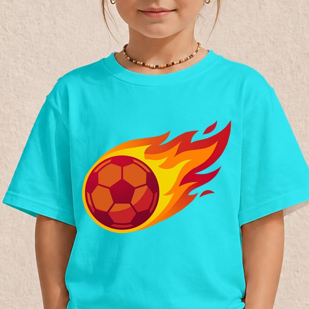 A young child wearing a bright sky blue t-shirt displaying a dynamic graphic of a red soccer ball shooting forward with bright orange and red flames.