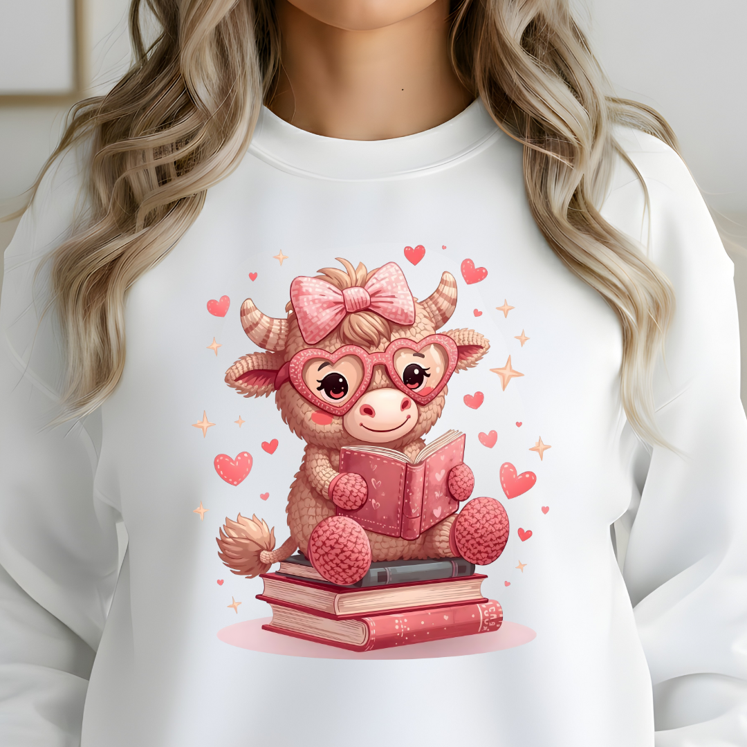 White sweatshirt with a cartoon bull reading a book design, wearing pink glasses and a bow, on a plain background.