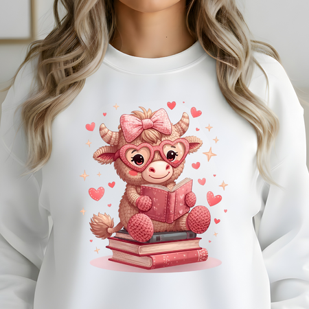 White sweatshirt with a cartoon bull reading a book design, wearing pink glasses and a bow, on a plain background.