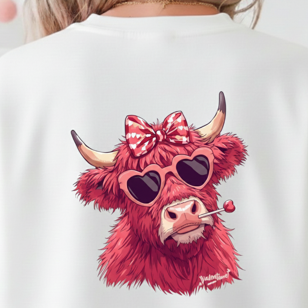 White t-shirt with a red cow illustration wearing sunglasses and a bow on the back.