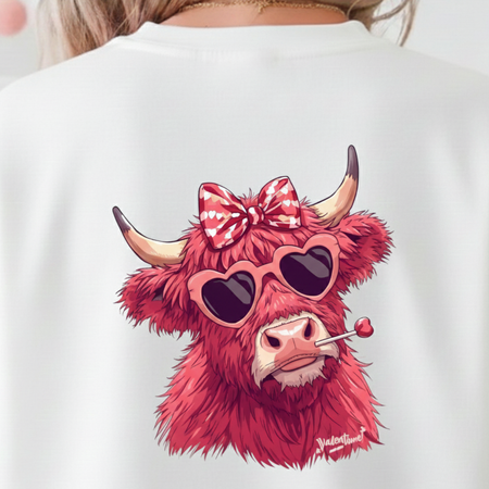White t-shirt with a red cow illustration wearing sunglasses and a bow on the back.