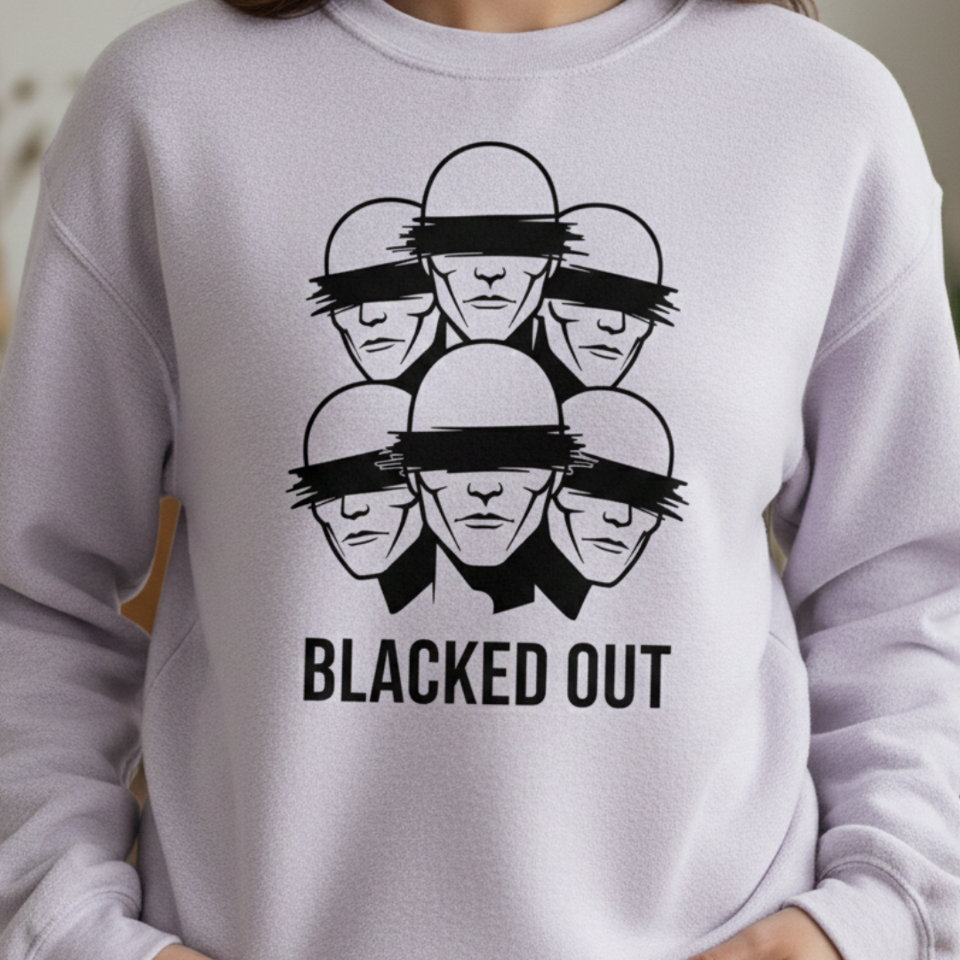 Light gray sweatshirt with black graphic design and 'BLACKED OUT' text