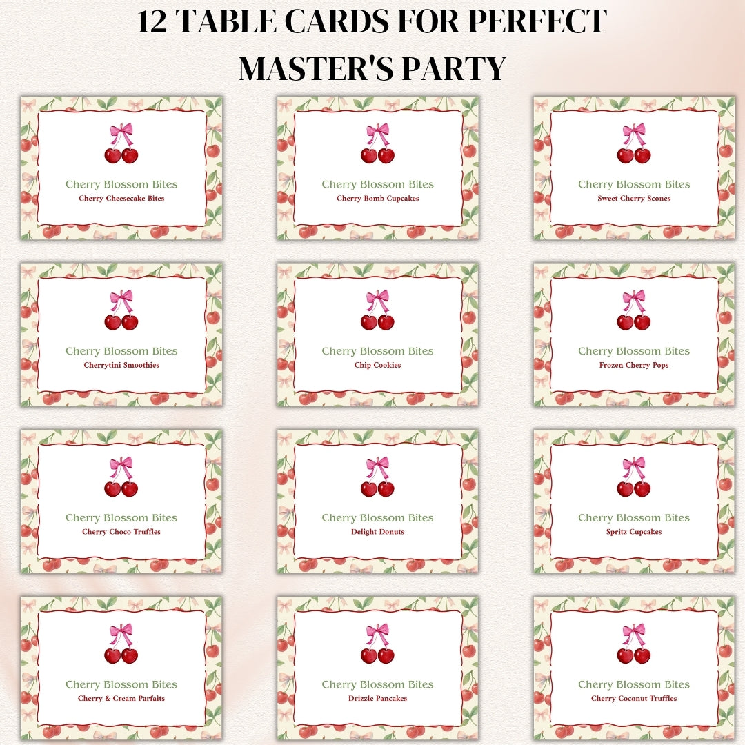 12 table cards for a Master's Party with cherry design on a light pink background