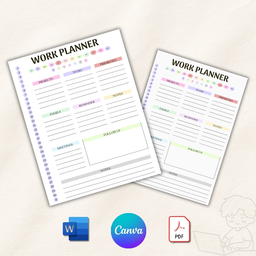 Two work planner sheets on a light background with icons for Microsoft Word, Canva, and PDF.