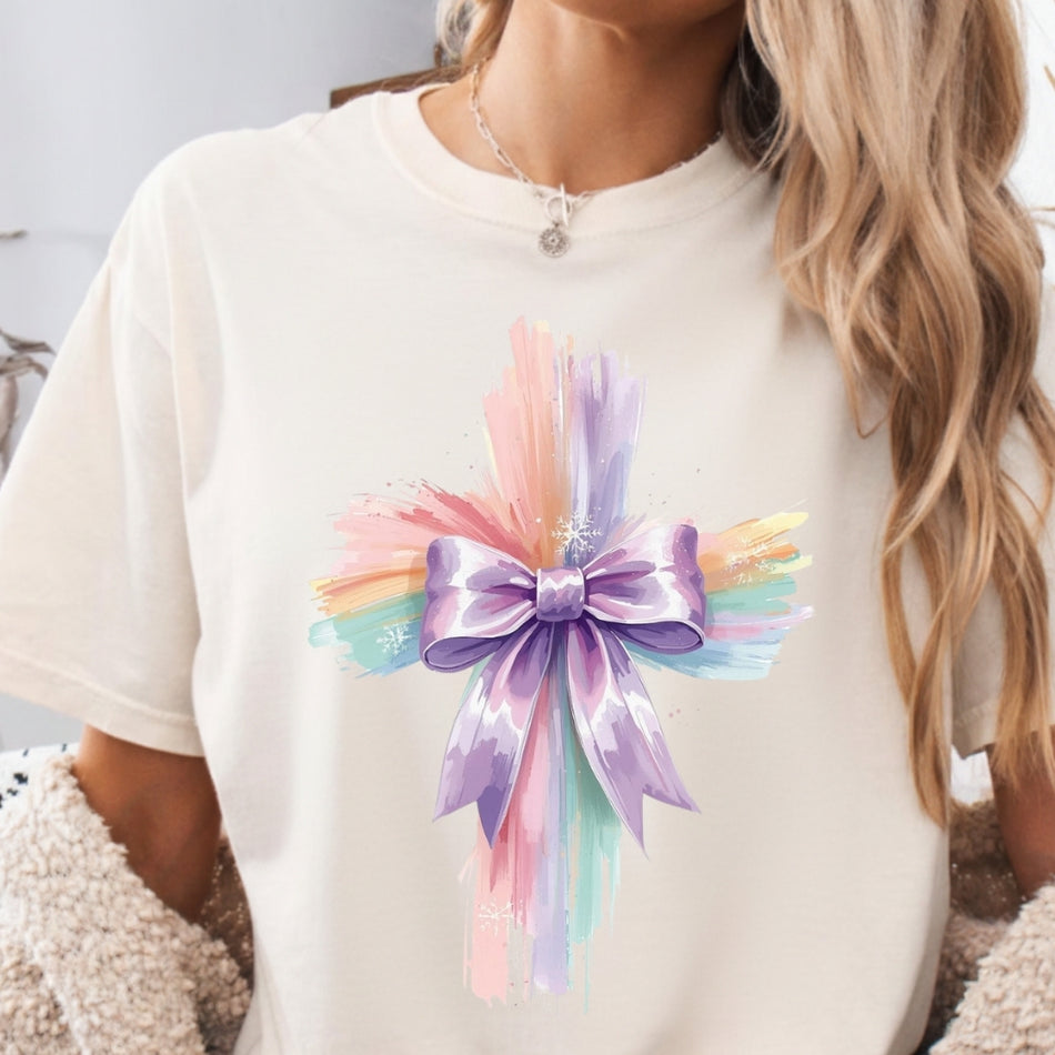 Pastel Christian Cross with Purple Bow PNG, Feminine Watercolor Faith Design for T Shirt, Sweatshirt & Journal Print A 1059