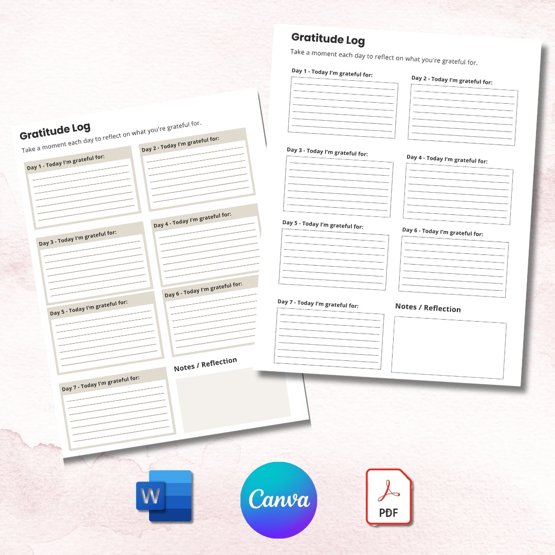Gratitude log sheets with reflection space on a light pink background, featuring icons for Microsoft Word, Canva, and PDF.