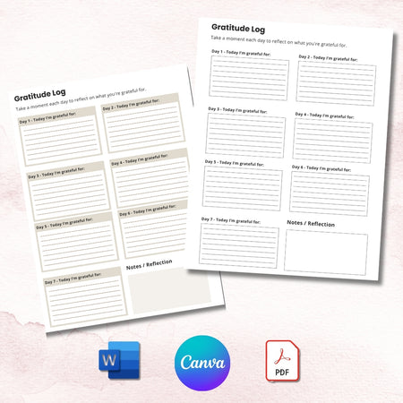 Gratitude log sheets with reflection space on a light pink background, featuring icons for Microsoft Word, Canva, and PDF.