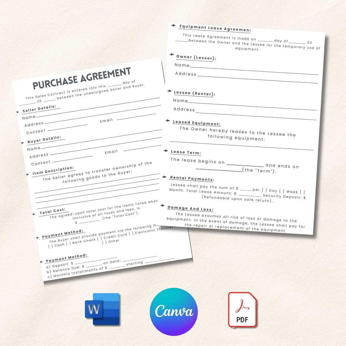 Two purchase agreement forms on a light background with software logo icons at the bottom.
