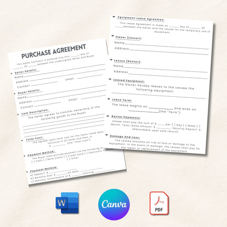 Two purchase agreement forms on a light background with software logo icons at the bottom.