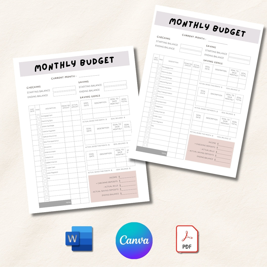 Two monthly budget sheets on a light background with software icon logos.