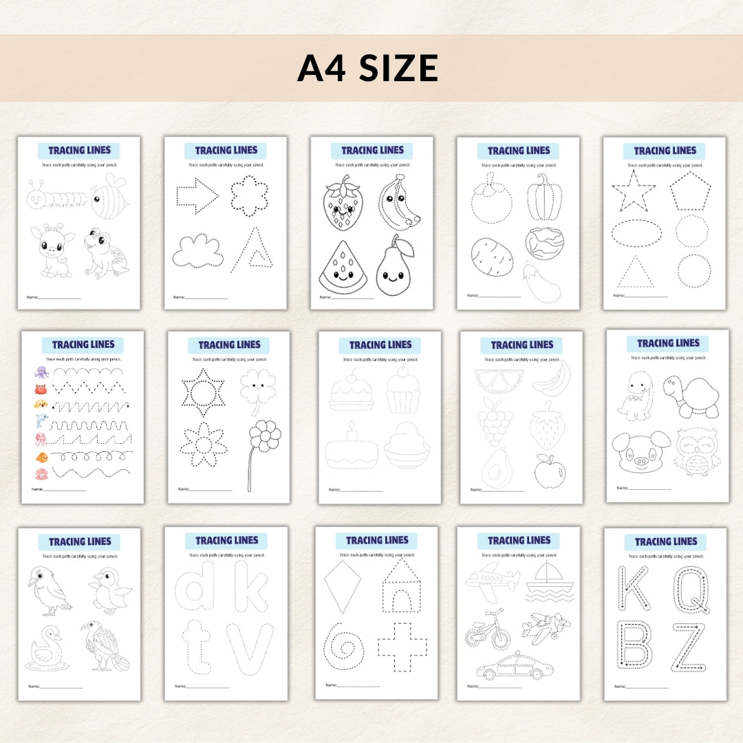 Collection of A4 size tracing lines worksheets with various shapes and patterns on a beige background.