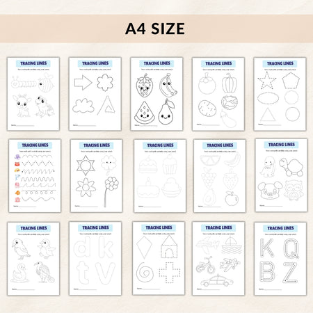 Collection of A4 size tracing lines worksheets with various shapes and patterns on a beige background.