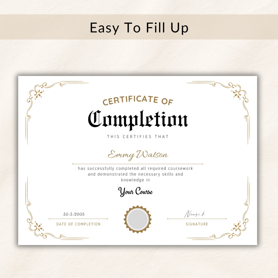 Certificate of Completion template with decorative elements on a beige background