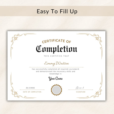 Certificate of Completion template with decorative elements on a beige background